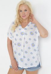 Biało-Niebieska Bluzka w Rustykalnym Stylu w Kwiaty Aldora. Białe bluzki Born2be, bez wzorów, z materiału, bez kołnierzyka, bez ramiączek. Za 69.99 zł.
