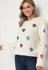 Jasnobeżowy Sweter z Tłoczonej Dzianiny z Wiskozą Zdobiony Cekinowymi Kwiatami Edamara. Brązowe swetry Born2be, l, z aplikacjami, z dzianiny, klasyczne, bez ramiączek. W wyprzedaży za 84.99 zł.