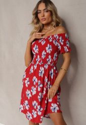 Czerwona Rozkloszowana Sukienka Hiszpanka z Gumką w Talii w Kwiaty Nametris. Czerwone sukienki Renee, m, bez wzorów, z materiału, bez kołnierzyka, bez ramiączek, mini, rozkloszowane. W wyprzedaży za 34.99 zł.