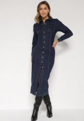 Granatowa Jeansowa Sukienka Koszulowa o Taliowanym Kroju Neveala. Niebieskie sukienki Born2be, na co dzień, l, bez wzorów, z jeansu, klasyczne, bez kołnierzyka, bez ramiączek, midi, koszulowe. Za 189.99 zł.