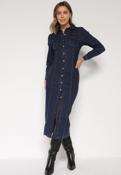 Granatowa Jeansowa Sukienka Koszulowa o Taliowanym Kroju Neveala. Niebieskie sukienki Born2be, na co dzień, l, bez wzorów, z jeansu, klasyczne, bez kołnierzyka, bez ramiączek, midi, koszulowe. Za 189.99 zł.