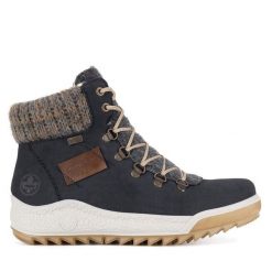 Trzewiki Rieker. Niebieskie botki Rieker, bez wzorów, bez obcasa, na płaskiej podeszwie, bez zapięcia. Za 279.99 zł.