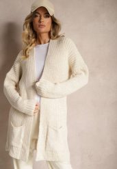Jasnobeżowy Długi Kardigan Bez Zapięć z Obniżoną Linią Ramion i Kieszeniami Viatha. Brązowe swetry Renee, m, bez wzorów, z jeansu, eleganckie, bez ramiączek. W wyprzedaży za 119.99 zł.
