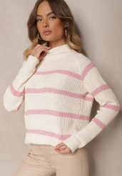 Beżowo-Różowy Sweter w Poziome Pasy z Domieszką Wiskozy Tintarina. Czerwone swetry Renee, uniwersalny, bez wzorów, z jeansu, casualowe, bez ramiączek. W wyprzedaży za 55.99 zł.