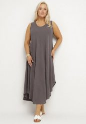 Szara Rozkloszowana Sukienka z Bawełną Nairilo. Szare sukienki Born2be, na spacer, xl, bez wzorów, z bawełny, eleganckie, bez kołnierzyka, bez ramiączek, midi, rozkloszowane. Za 79.99 zł.
