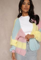Różowy Kardigan z Domieszką Wełny i Wiskozy w Patchworkowym Stylu Fesolinne. Czerwone swetry Renee, s, bez wzorów, z jeansu, bez ramiączek. Za 139.99 zł.