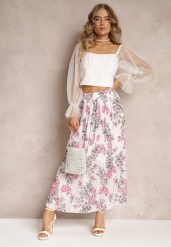 Biała Spódnica Ozdobiona Plisami z Gumką w Pasie i Elastyczną Podszewką Vislo. Białe spódnice Renee, bez wzorów, boho, maxi, rozkloszowane. W wyprzedaży za 41.99 zł.