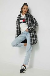 Tommy Jeans płaszcz z domieszką wełny kolor czarny przejściowy oversize. Czarne płaszcze Tommy Jeans, l, bez wzorów, z jeansu, bez kaptura. Za 1,199.90 zł.