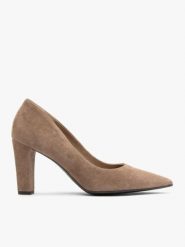 Beżowe czółenka ze skóry welurowej na słupku. Brązowe czółenka Ryłko, bez wzorów, z gumy, eleganckie, bez obcasa, na słupku, bez zapięcia. Za 379.99 zł.