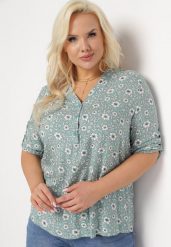 Miętowa Bluzka Koszulowa w Kwiaty z Wiskozowej Tkaniny Railen. Zielone bluzki Born2be, l, bez wzorów, z tkaniny, bez kołnierzyka, plus size, bez ramiączek. Za 79.99 zł.