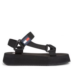 Sandały Tommy Jeans. Czarne sandały Tommy Jeans, bez wzorów, z jeansu, bez obcasa, na płaskiej podeszwie, bez zapięcia. Za 249.99 zł.