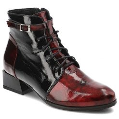 Czarno-Czerwone Botki Armodo Stylowe Trzewiki Damskie Na Stabilnym Obcasie. Czerwone botki Armodo, bez wzorów, z lakierowanej skóry, eleganckie, bez obcasa, na obcasie, bez zapięcia. Za 329.00 zł.