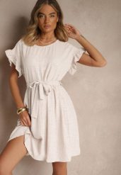 Jasnobeżowa Sukienka z Paskiem i Falbankami przy Rękawach Folunelle. Brązowe sukienki Renee, na co dzień, bez wzorów, eleganckie, bez kołnierzyka, bez ramiączek, mini. W wyprzedaży za 67.99 zł.