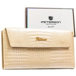 Poziomy portfel damski ze skóry ekologicznej w beżowym kolorze z tłoczeniem na wzór skóry krokodyla - Peterson. Brązowe portfele Peterson, z aplikacjami, ze skóry ekologicznej. Za 69.00 zł.