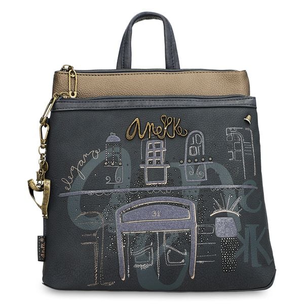 Granatowy Elegancki Damski Plecak Anekke. Niebieskie plecaki Anekke, z aplikacjami, z materiału, z nadrukiem, bez dodatków. Za 399.00 zł.