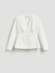 Taliowana marynarka - biały. Białe marynarki i żakiety Reserved, l, bez wzorów, z tkaniny, bez ramiączek. Za 239.99 zł.