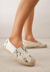 Beżowe Espadryle Ozdobione Kwiatowym Haftem i Plecionką Kiranth. Brązowe espadryle Renee, bez wzorów, z jeansu, eleganckie, bez obcasa. Za 69.99 zł.