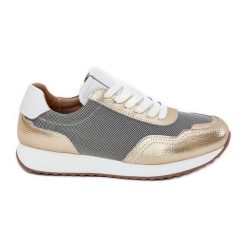 S.Barski Skórzane Buty Sportowe Sneakersy Damskie LR51-847 Złote złoty. Żółte buty treningowe bez wzorów, ze skóry, bez zapięcia. Za 312.45 zł.