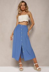 Niebieska Rozkloszowana Spódnica Maxi z Gumką w Talii i Kieszeniami Kendrani. Niebieskie spódnice Renee, na co dzień, l, bez wzorów, eleganckie, maxi, proste. W wyprzedaży za 55.99 zł.