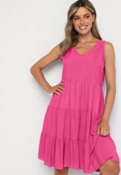 Fuksjowa Rozkloszowana Sukienka z Bawełny na Ramiączkach Zasea. Czerwone sukienki Born2be, na co dzień, l, bez wzorów, z bawełny, eleganckie, bez kołnierzyka, bez ramiączek, midi, rozkloszowane. W wyprzedaży za 38.24 zł.