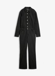 Kombinezon jeansowy. Czarne kombinezony bonprix, bez wzorów, z jeansu, bez kołnierzyka, bez ramiączek. Za 249.99 zł.