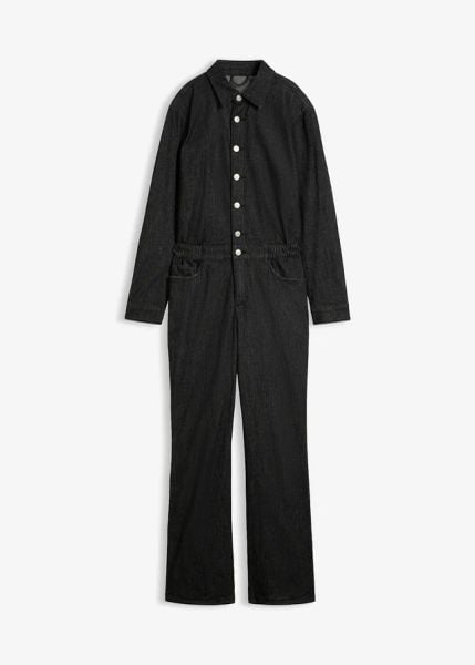 Kombinezon jeansowy. Czarne kombinezony bonprix, bez wzorów, z jeansu, bez kołnierzyka, bez ramiączek. Za 249.99 zł.