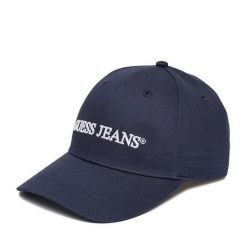 Czapka z daszkiem Guess Jeans. Niebieskie czapki z daszkiem Guess Jeans, z aplikacjami, z jeansu. Za 99.99 zł.