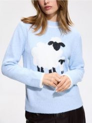 Sweter ze zwierzęcym motywem - jasnoniebieski. Niebieskie swetry Reserved, l, bez wzorów, z dzianiny, bez ramiączek. Za 179.99 zł.