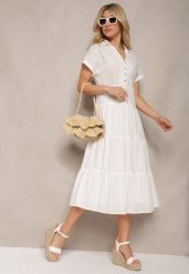 Biała Ażurowa Sukienka z Bawełny z Krótkim Rękawem i Guzikami Obitha. Białe sukienki Renee, l, w ażurowe wzory, z bawełny, eleganckie, bez kołnierzyka, bez ramiączek, midi, rozkloszowane. W wyprzedaży za 159.99 zł.
