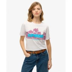 T-shirt casual w paski dla kobiet Superdry. Białe t-shirty Superdry, bez wzorów, casualowe, bez kołnierzyka, bez ramiączek. Za 157.20 zł.