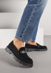Czarne Mokasyny z Metaliczną Klamrą Glitterfly. Czarne mokasyny Renee, bez wzorów, z jeansu. Za 99.99 zł.
