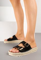 Czarne Klapki z Klamrami i Jutową Plecionką Karinn. Czarne klapki Renee, bez wzorów, eleganckie, bez obcasa, na platformie, bez zapięcia. W wyprzedaży za 74.99 zł.