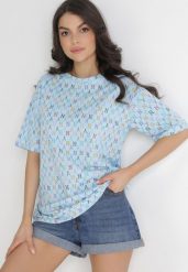 Jasnoniebieski T-shirt Bawełniany z Krótkim Rękawem i Nadrukiem Naven. Niebieskie t-shirty Born2be, l, bez wzorów, z bawełny, bez kołnierzyka, bez ramiączek. Za 69.99 zł.