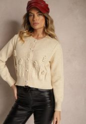 Beżowy Wiskozowy Kardigan z Guzikami Perełkami Brokatem Tłoczeniem i Kuleczkami Harirani. Brązowe swetry Renee, bez wzorów, z jeansu, klasyczne, bez ramiączek. W wyprzedaży za 143.99 zł.
