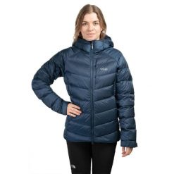 Kurtka trekkingowa puchowa damska Glaceon Pro Women. Niebieskie kurtki RAB, na zimę, bez wzorów, z puchu, sportowe, z kapturem. Za 1,259.99 zł.