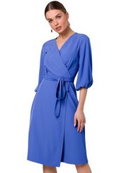 Sukienka elegancka kopertowa z bufiastymi rękawami niebieska. Niebieskie sukienki Stylove, do pracy, s, bez wzorów, biznesowe, bez kołnierzyka, bez ramiączek, kopertowe. Za 349.00 zł.