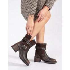 Brązowe botki damskie na obcasie z klamrami. Brązowe botki bez wzorów, bez obcasa, na obcasie, bez zapięcia. Za 245.97 zł.