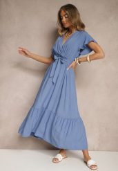 Niebieska Kopertowa Sukienka z Wiskozy Ozdobiona Paskiem Savioneira. Niebieskie sukienki Renee, na co dzień, l, bez wzorów, z jeansu, eleganckie, bez kołnierzyka, bez ramiączek, maxi, kopertowe. Za 79.99 zł.