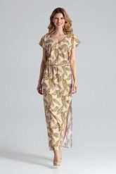 Wzorzysta Sukienka Maxi w Liście z Dekoltem V. Pomarańczowe sukienki Figl, l, bez wzorów, z elastanu, wizytowe, bez kołnierzyka, bez ramiączek, maxi. Za 289.00 zł.