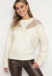 Jasnobeżowy Sweter z Siateczkowymi Wstawkami z Cekinami Perełkami i Koralikami Evoriana. Brązowe swetry Born2be, l, bez wzorów, z jeansu, eleganckie, bez ramiączek. W wyprzedaży za 118.99 zł.