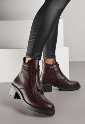 Bordowe Botki ze Skóry Naturalnej na Słupku Ozdobione Przeszyciami Deleisa. Czerwone botki Renee, bez wzorów, z jeansu, eleganckie, bez obcasa, na obcasie, bez zapięcia. Za 219.99 zł.