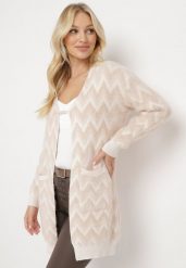 Beżowy Niezapinany Kardigan Przed Kolano w Paski Chevron Afesura. Brązowe swetry Born2be, bez wzorów, z dzianiny, bez ramiączek. W wyprzedaży za 93.49 zł.