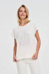 Bawełniana bluzka z nadrukiem biała. Białe bluzki MOODO, l, bez wzorów, z bawełny, bez kołnierzyka, bez ramiączek. Za 69.99 zł.