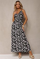 Czarna Bawełniana Sukienka na Cienkich Ramiączkach w Kwiecisty Wzór o Rozkloszowanym Fasonie Rosaq. Czarne sukienki Renee, na imprezę, m, bez wzorów, z bawełny, eleganckie, bez kołnierzyka, bez ramiączek, maxi, rozkloszowane. W wyprzedaży za 45.49 zł.