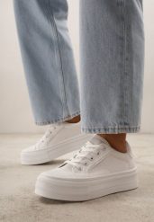 Białe Klasyczne Trampki na Grubej Podeszwie Araenes. Białe trampki Born2be, bez wzorów, z jeansu, klasyczne, bez zapięcia. Za 79.99 zł.