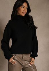 Czarny Golf Ozdobiony Ściągaczami Wedena. Czarne swetry Renee, l, bez wzorów, z jeansu, bez ramiączek. Za 79.99 zł.