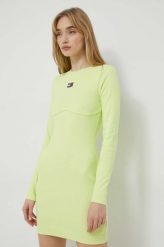 Tommy Jeans sukienka kolor zielony mini dopasowana. Zielone sukienki Tommy Jeans, l, z aplikacjami, z bawełny, bez kołnierzyka, bez ramiączek, mini, dopasowane. Za 399.99 zł.