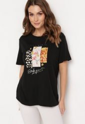 Czarny Bawełniany T-shirt z Ozdobnym Nadrukiem Jalliana. Czarne t-shirty Born2be, m, bez wzorów, z bawełny, bez kołnierzyka, bez ramiączek. Za 69.99 zł.
