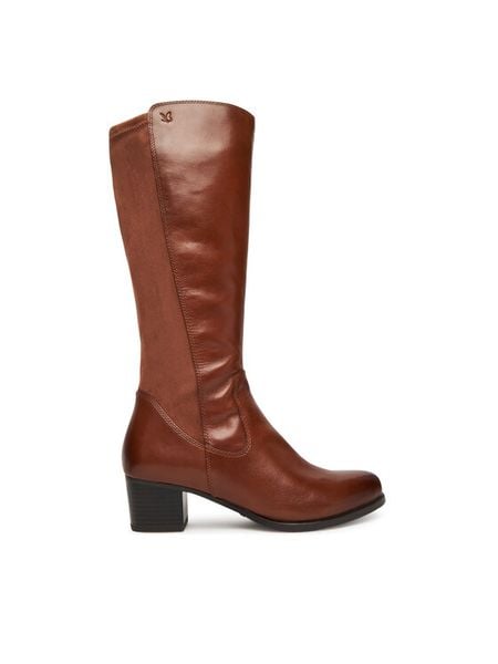 Caprice Kozaki 9-25500-45 Brązowy. Brązowe kozaki Caprice, bez wzorów, ze skóry, bez obcasa, na słupku, bez zapięcia. Za 469.99 zł.
