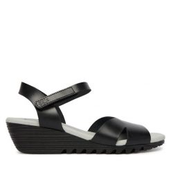 Sandały Fly London. Czarne sandały Fly London, bez wzorów, bez obcasa, na koturnie, bez zapięcia. Za 399.99 zł.